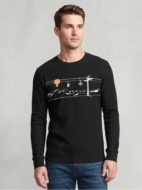 OLD NAVY Ski Lift Waffle Knit Tee S 18” p2p Black EUC